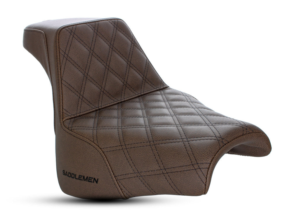 Brown Step-Up LS Dual Seat with Black Double Diamond Lattice Stitch. Fits Fat Bob 2018up.