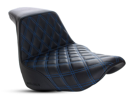 Step-Up LS Dual Seat with Blue Double Diamond Lattice Stitch. Fits Sport Glide & Low Rider 2018up, Low Rider S 2020up & Low Rider ST 2022up.