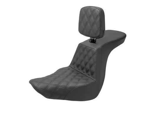 Tour Step-Up LS Dual Seat With Backrest & with Black Double Diamond Lattice Stitch. Fits Sport Glide & Low Rider 2018up, Low Rider S 2020up & Low Rider ST 2022up