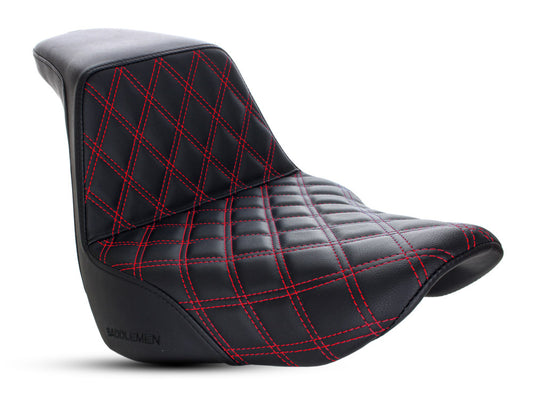 Step-Up LS Dual Seat with Red Double Diamond Lattice Stitch. Fits Softail Deluxe, Heritage Classic & Slim 2018up.