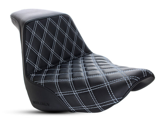 Step-Up LS Dual Seat with White Double Diamond Lattice Stitch. Fits Softail Deluxe, Heritage Classic & Slim 2018up.