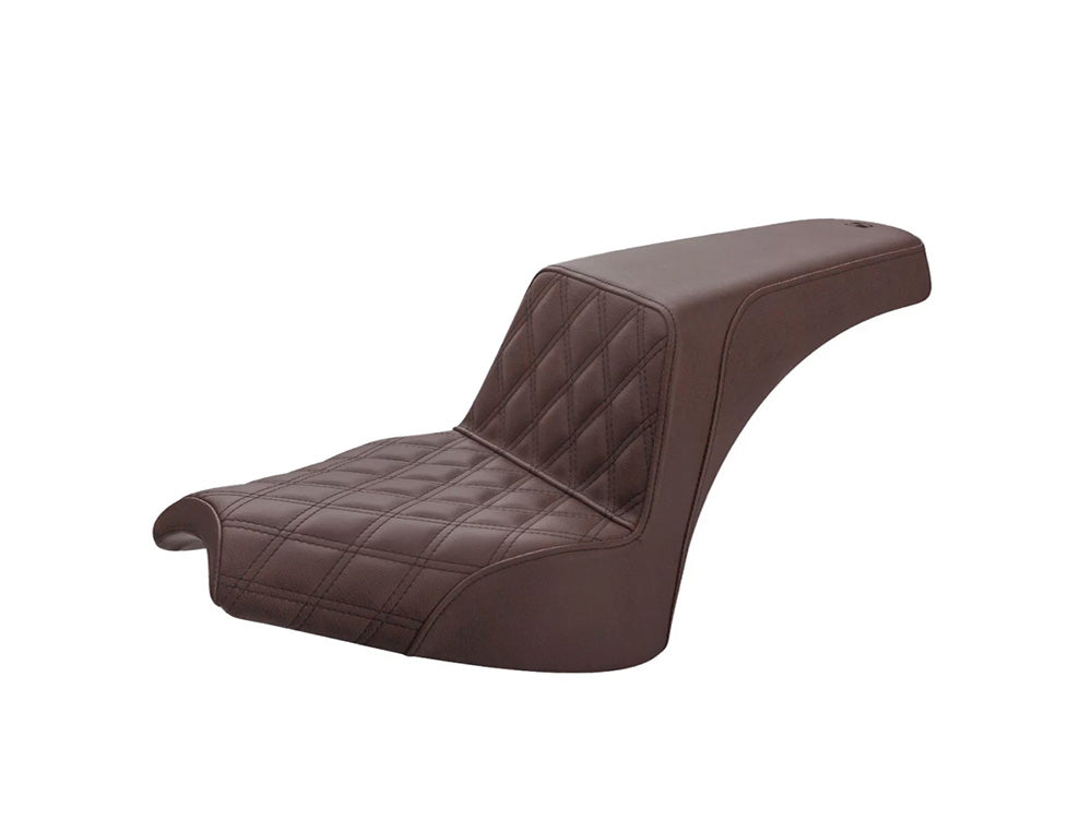 Brown Step-Up LS Dual Seat with Black Double Diamond Lattice Stitch. Fits Indian Cruiser 2022up