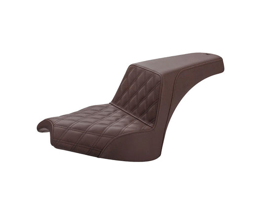 Brown Step-Up LS Dual Seat with Black Double Diamond Lattice Stitch. Fits Indian Cruiser 2022up