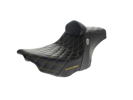 Step-Up San Diego Customs Pro Series Gripper Dual Seat With Backrest & Gold Stitch. Fits CVO Touring 2023up, Street Glide & Road Glide 2024up, Touring 2025up