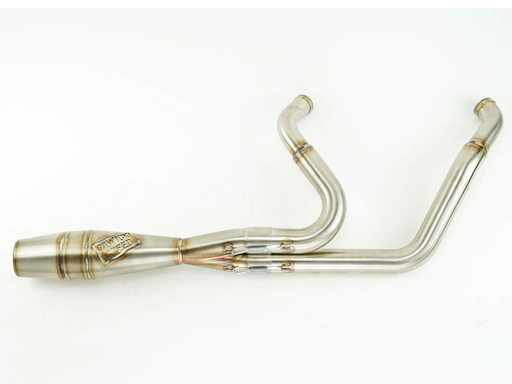 Shorty 2-into-1 Exhaust with Welded End Cap – Stainless. Fits Softail 2018up with 240 Rear Tyre.
