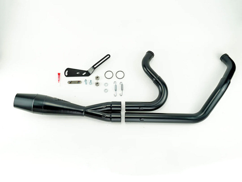 Shorty 2-into-1 Exhaust with Welded End Cap – Black. Fits Softail 2018up with 240 Rear Tyre.