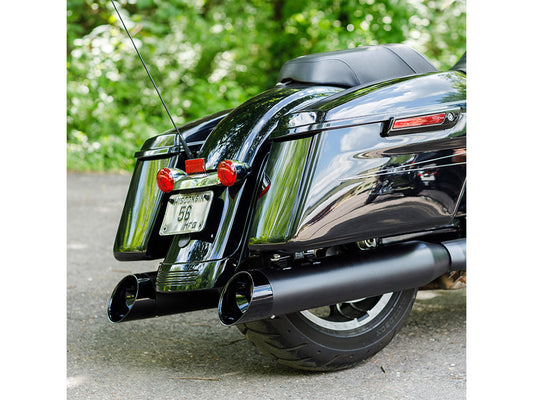 4-1/2in. Mk45 Slash Cut Slip-On Mufflers – Black with Black Cutlass End Caps. Fits Touring 2017up.