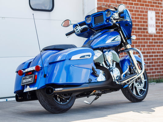 Broadhead 4in. Slip-On Mufflers – Black with Black End Caps. Fits Indian Big Twin 2014up with Hard Saddle Bags.