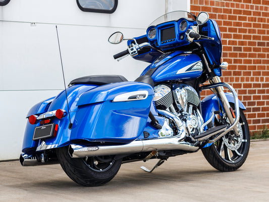 Fishtail 4in. Slip-On Mufflers – Chrome with Chrome End Caps. Fits Indian Big Twin 2014up with Hard Saddle Bags.