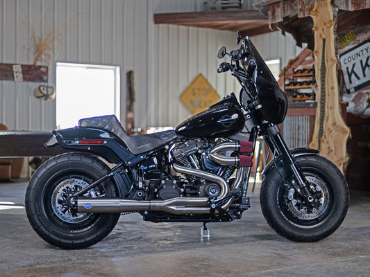 2-into-1 SuperStreet Exhaust – Stainless Steel with Black End Cap. Fits Softail 2018-2024 Non-240 Rear Tyre Models