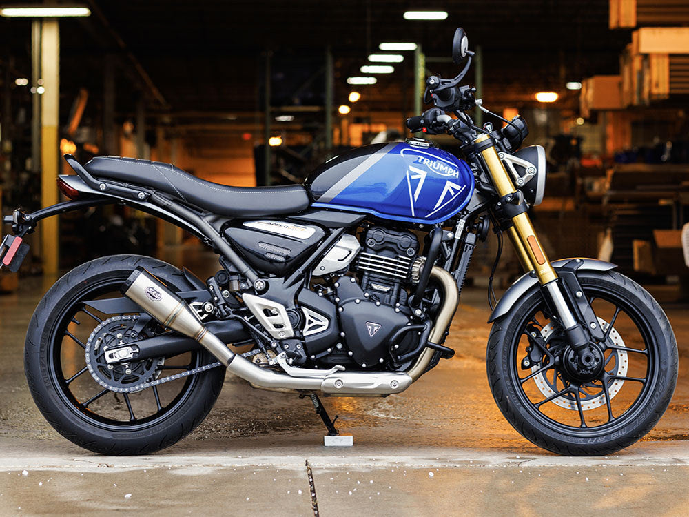 4in. Grand National Slip-On Muffler – Stainless Steel with Black End Cap. Fits Triumph Speed 400 & Scrambler 400X 2024up