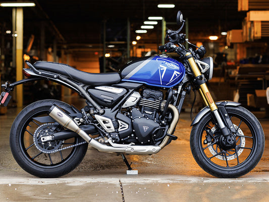 4in. Grand National Slip-On Muffler – Stainless Steel with Black End Cap. Fits Triumph Speed 400 & Scrambler 400X 2024up