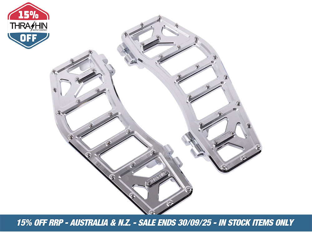 Aggressor Rider Floorboards – Chrome. Fits Touring 1980up, FL Softail 1986-2017 & Dyna Switchback 2012-2016