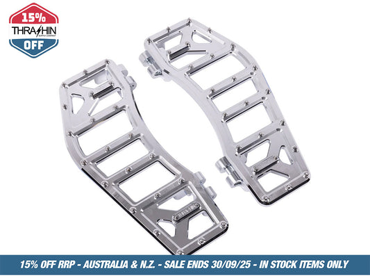 Aggressor Rider Floorboards – Chrome. Fits Touring 1980up, FL Softail 1986-2017 & Dyna Switchback 2012-2016