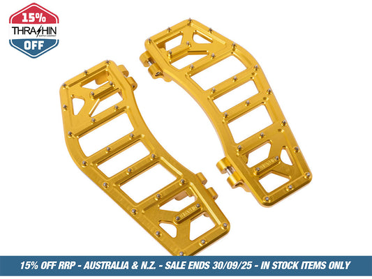 Aggressor Rider Floorboards – Gold. Fits Touring 1980up, FL Softail 1986-2017 & Dyna Switchback 2012-2016