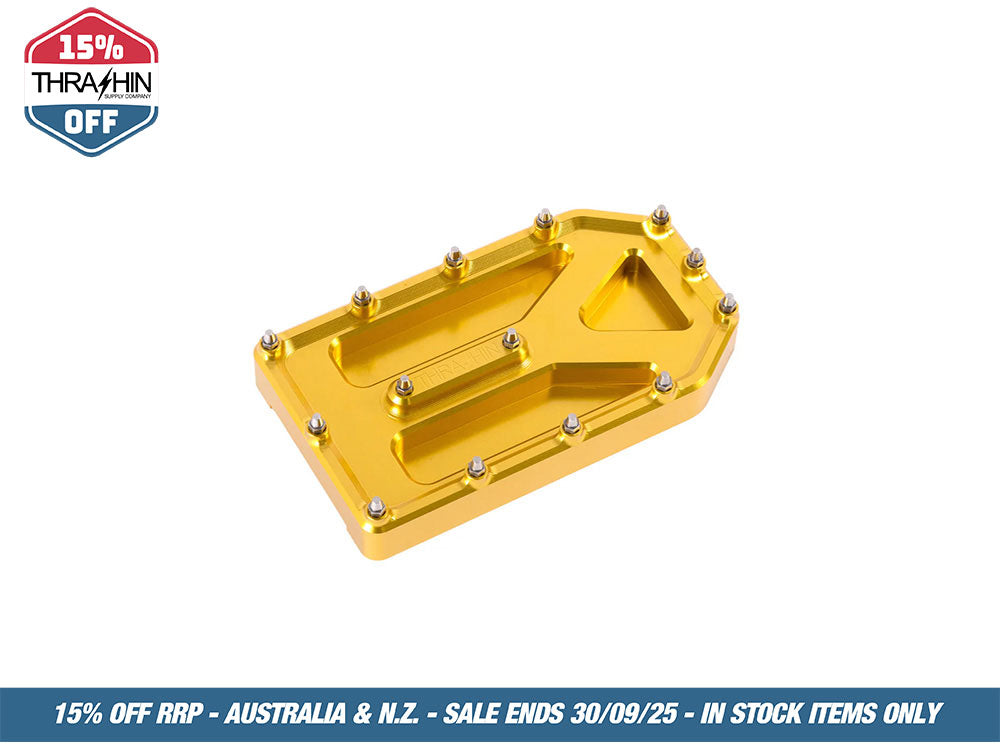 Aggressor Brake Pedal Pad – Gold. Fits Touring 1980up, FL Softail 1986-2017 & Dyna Switchback 2012-2016