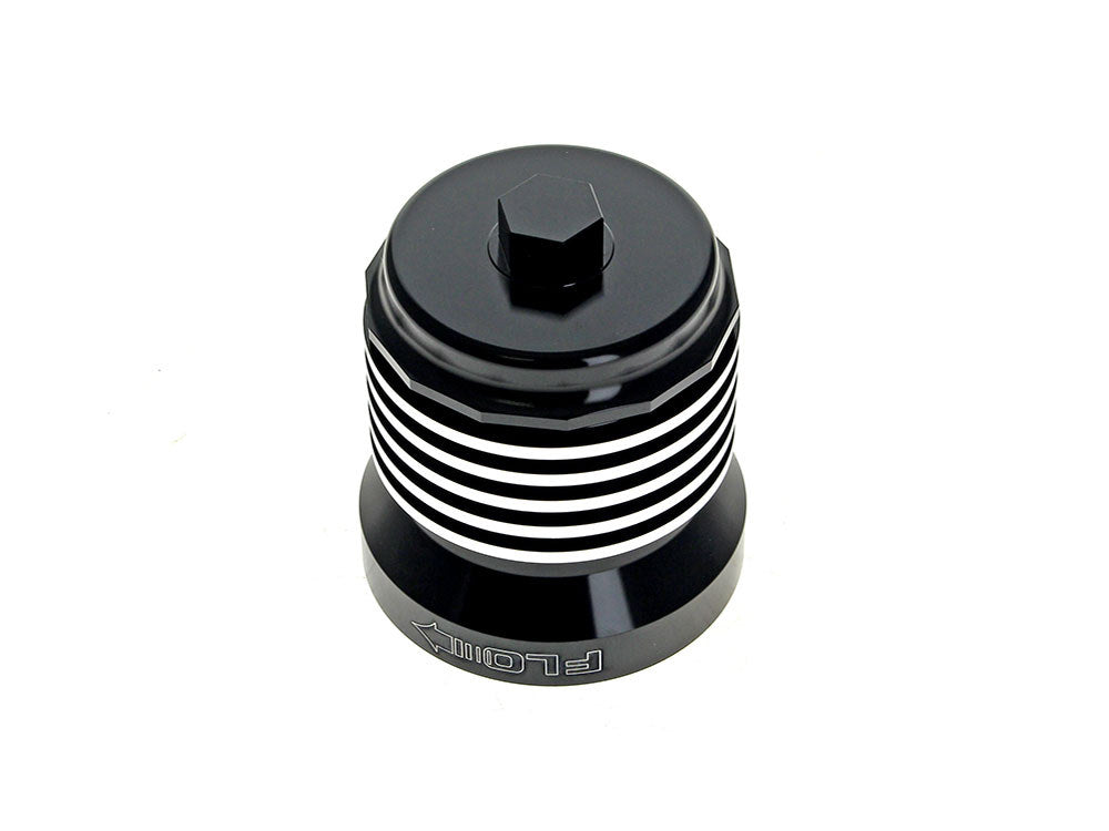 FLO Reusable Oil Filter – Black with Polished Fins. Fits Milwaukee Eight 2017up, Twin Cam 1999-2017, Evolution 1984-1999 & Sportster 1984-2021