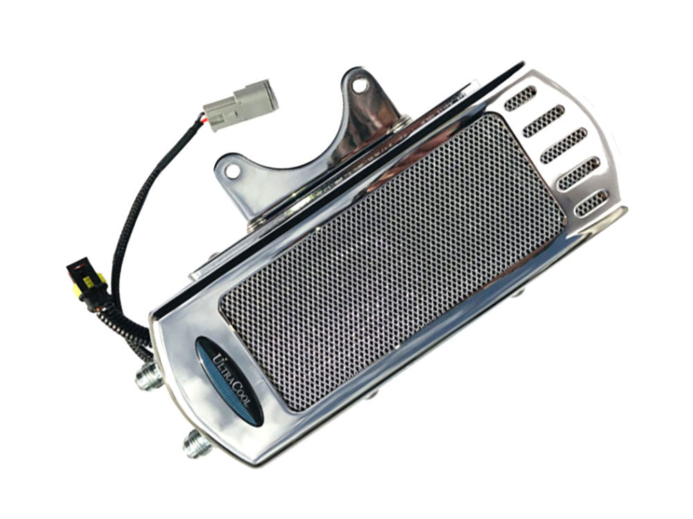 Fan Assisted Side Mount Oil Cooler Kit – Chrome. Fits Touring 2017-2024 with Harley-Davidson Full Size Engine Guard