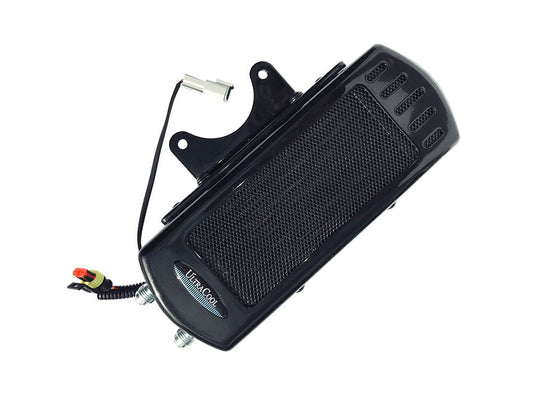 Fan Assisted Side Mount Oil Cooler Kit – Gloss Black. Fits Touring 2017-2024 with Harley-Davidson Full Size Engine Guard