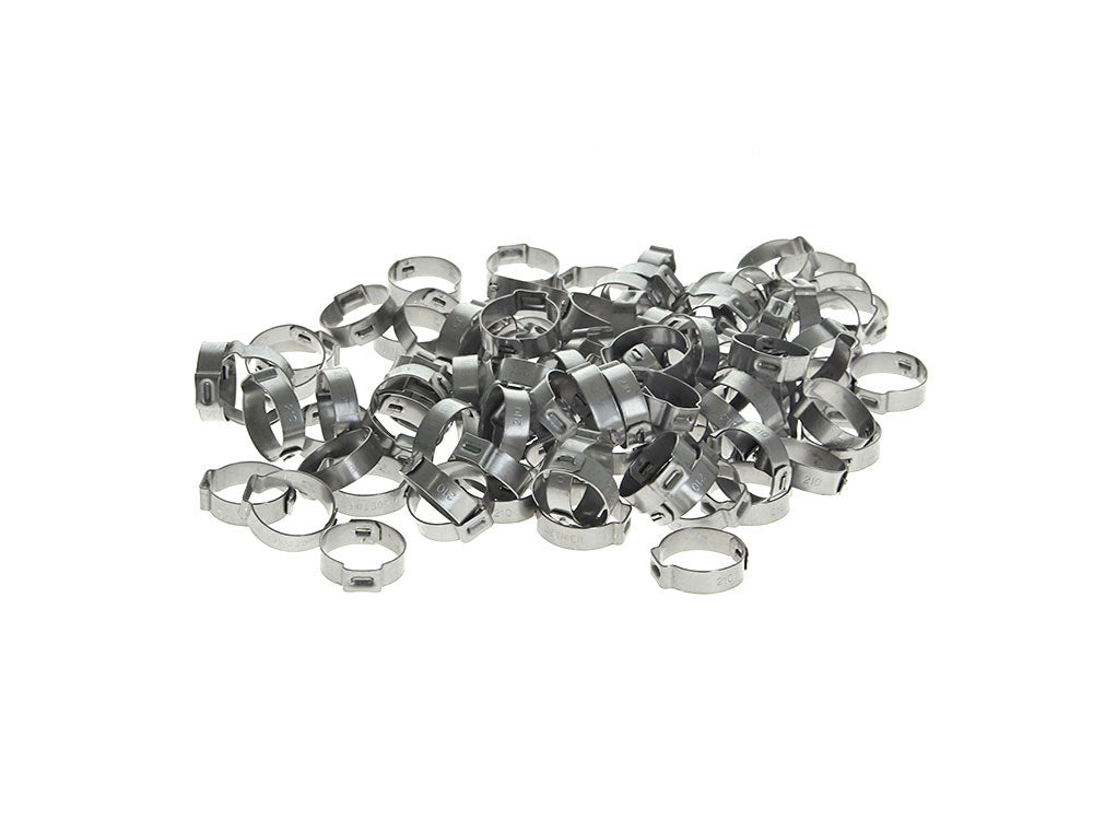 13/16in. Step Type Ear Clamps – Pack of 100. Size range is 17.8mm to 21.0mm