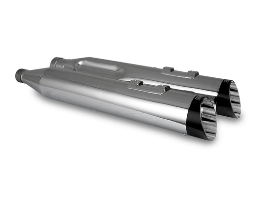 4.5in. Razorback Slash Cut Slip-On Mufflers – Chrome with Black End Caps. Fits Touring 2017up