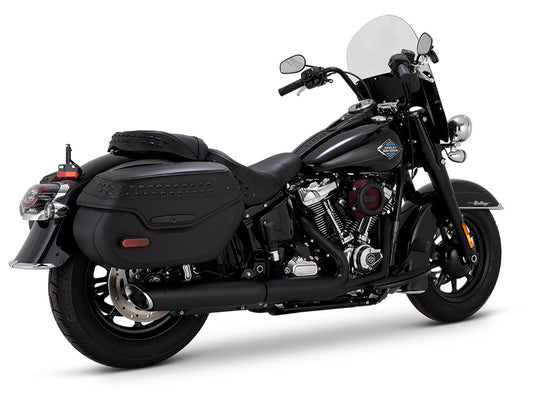 4in. Twin Slash Slip-On Muffler – Black. Fits Softail Street Bob, Low Rider S, Low Rider ST & Heritage 2025up