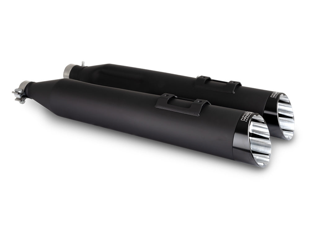 4.5in. Razorback Slash Cut Slip-On Mufflers – Black with Black End Caps. Fits Touring 2017up