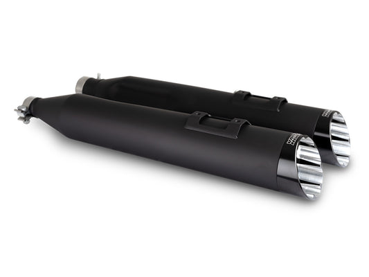 4.5in. Razorback Slash Cut Slip-On Mufflers – Black with Black End Caps. Fits Touring 2017up